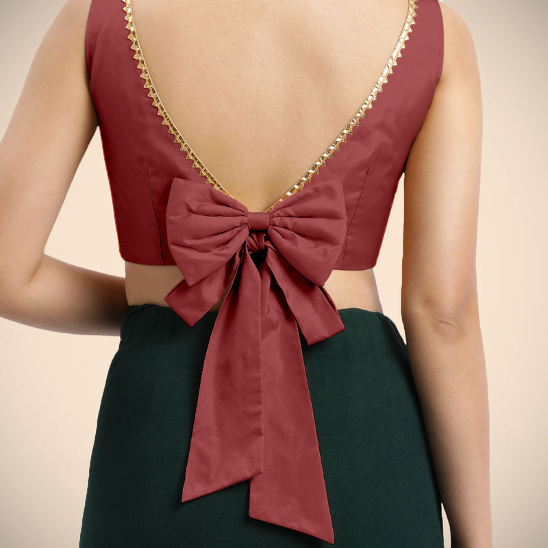 Sherry x Tyohaar | Auburn Red Sleeveless FlexiFit™ Saree Blouse with Simple Golden Gota Lace on Neckline and Removable Bow on Back-Binks