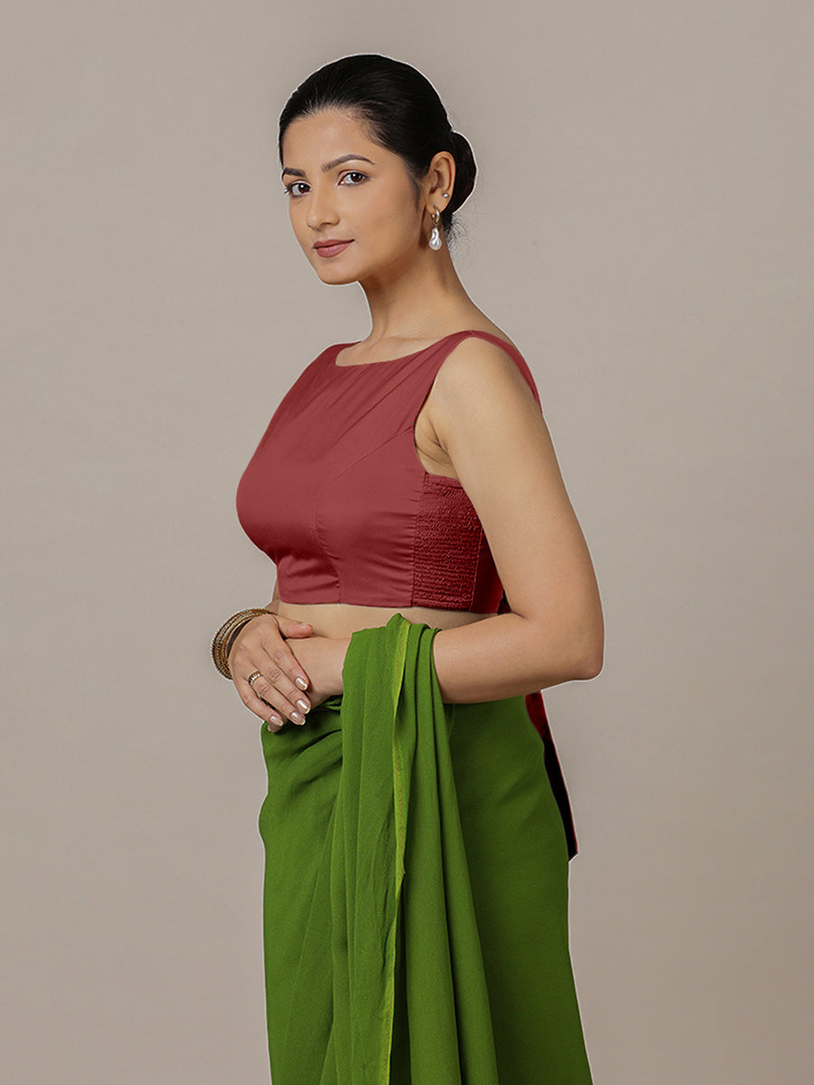 Sherry x Rozaana Saree Blouse, in Red Vegan Silk, featuring sleeveless and boat neckline, made for party & festive (view 8).