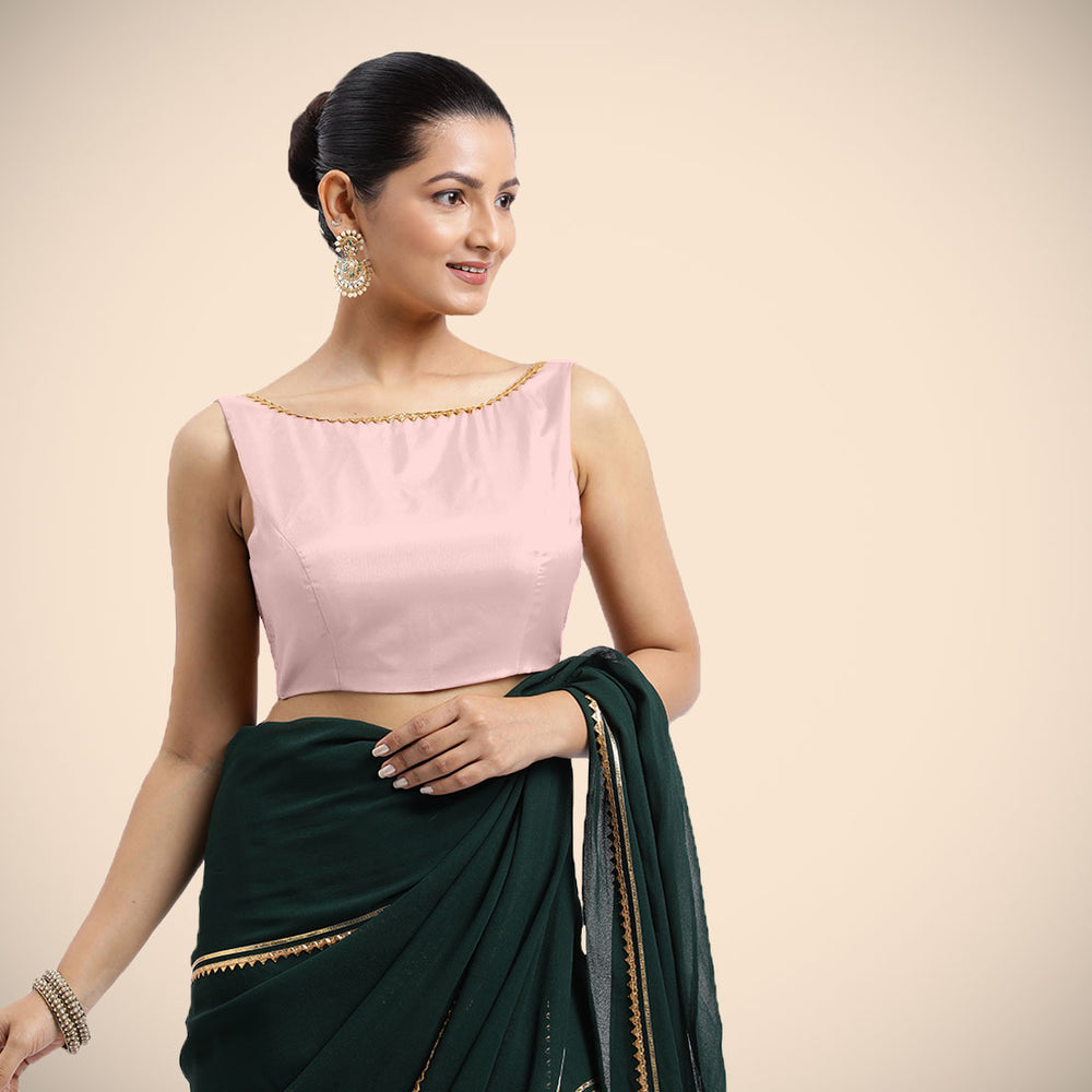 Sherry x Tyohaar | Sleeveless Baby Pink FlexiFit™ Gota Embellished Saree Blouse with Boat Neck
