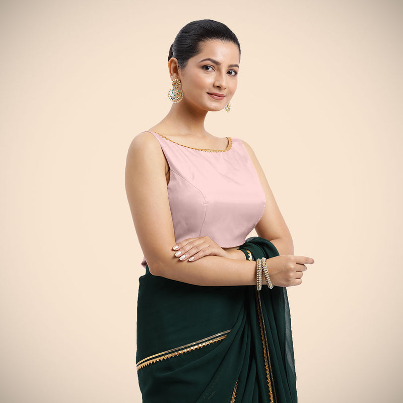 Sherry x Tyohaar | Sleeveless Baby Pink FlexiFit™ Gota Embellished Saree Blouse with Boat Neck-Binks