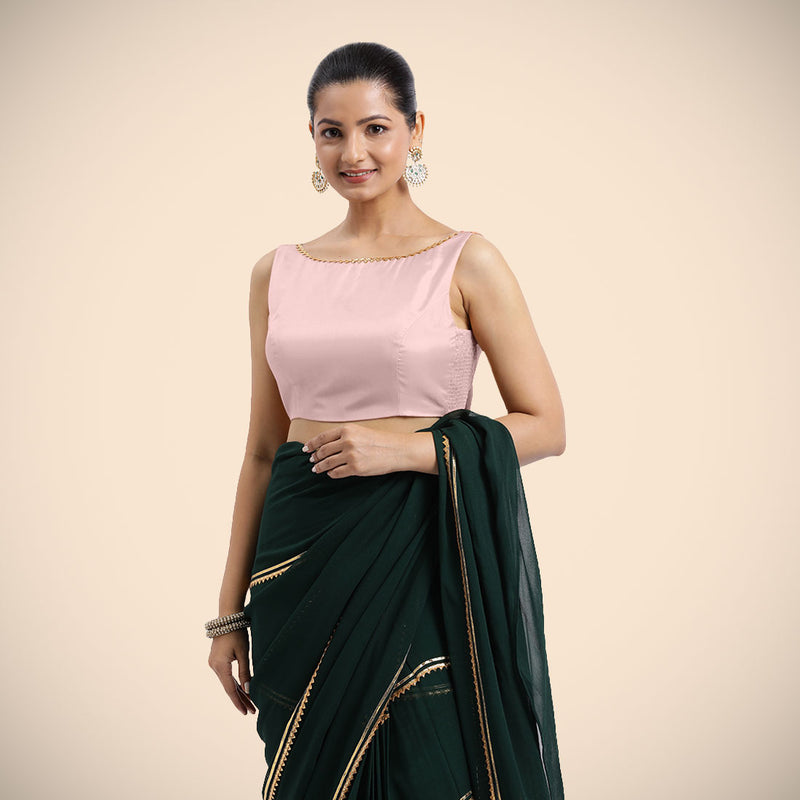Sherry x Tyohaar | Sleeveless Baby Pink FlexiFit™ Gota Embellished Saree Blouse with Boat Neck-Binks