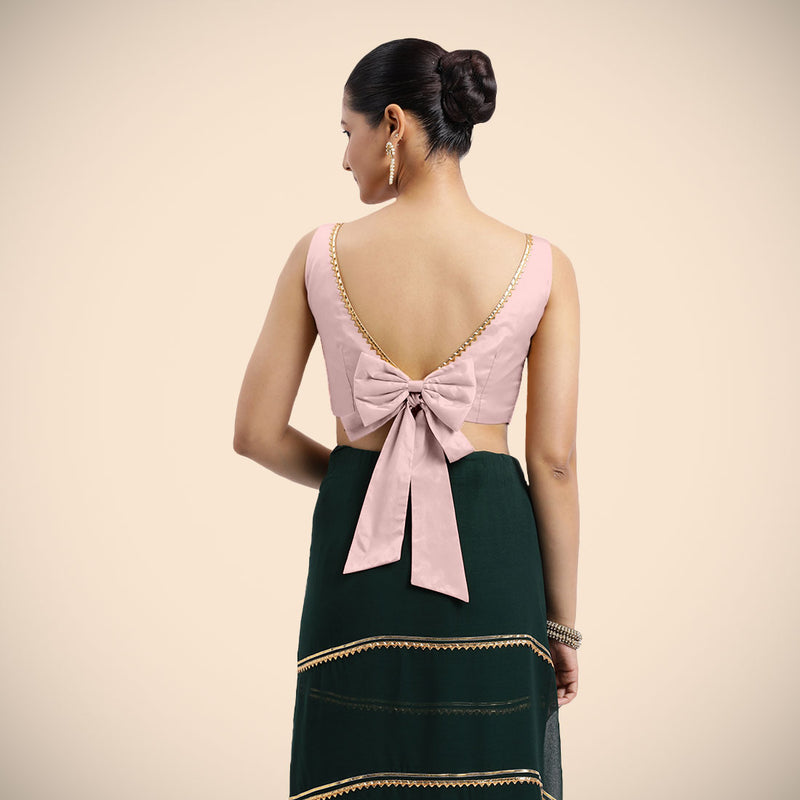 Sherry x Tyohaar | Sleeveless Baby Pink FlexiFit™ Gota Embellished Saree Blouse with Boat Neck-Binks