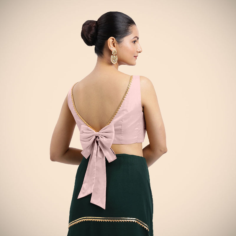 Sherry x Tyohaar | Sleeveless Baby Pink FlexiFit™ Gota Embellished Saree Blouse with Boat Neck-Binks