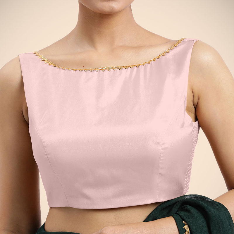 Sherry x Tyohaar | Sleeveless Baby Pink FlexiFit™ Gota Embellished Saree Blouse with Boat Neck-Binks