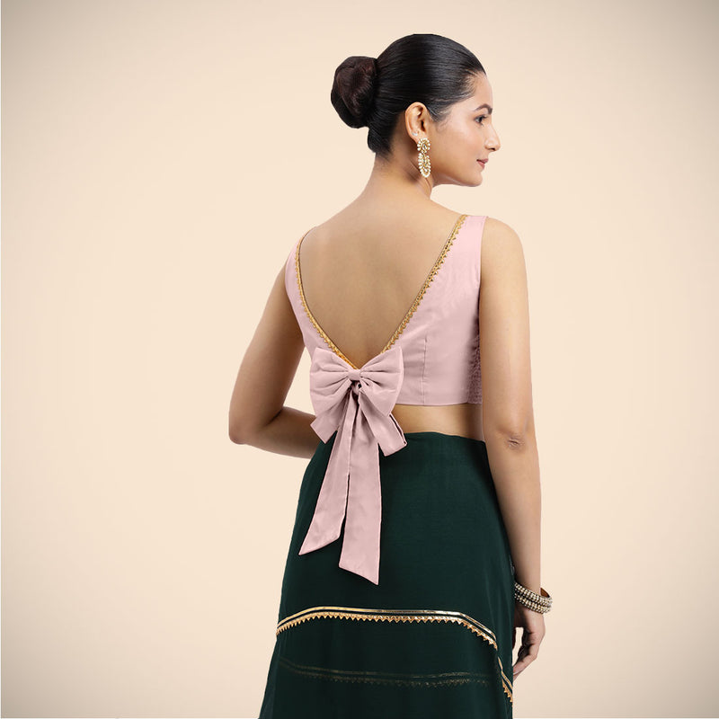 Sherry x Tyohaar | Sleeveless Baby Pink FlexiFit™ Gota Embellished Saree Blouse with Boat Neck-Binks