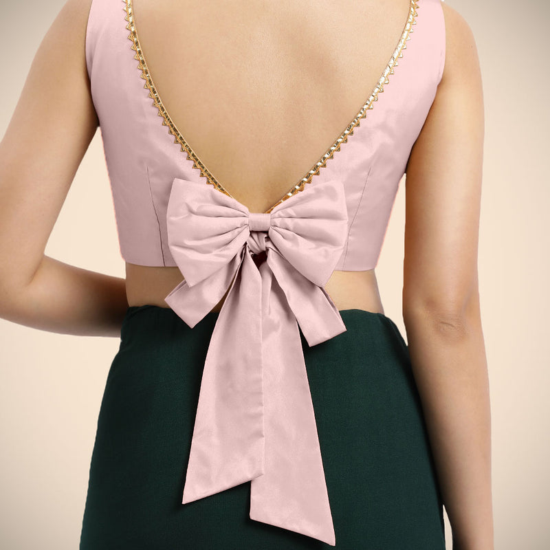 Sherry x Tyohaar | Sleeveless Baby Pink FlexiFit™ Gota Embellished Saree Blouse with Boat Neck-Binks