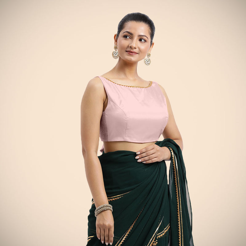 Sherry x Tyohaar | Sleeveless Baby Pink FlexiFit™ Gota Embellished Saree Blouse with Boat Neck-Binks
