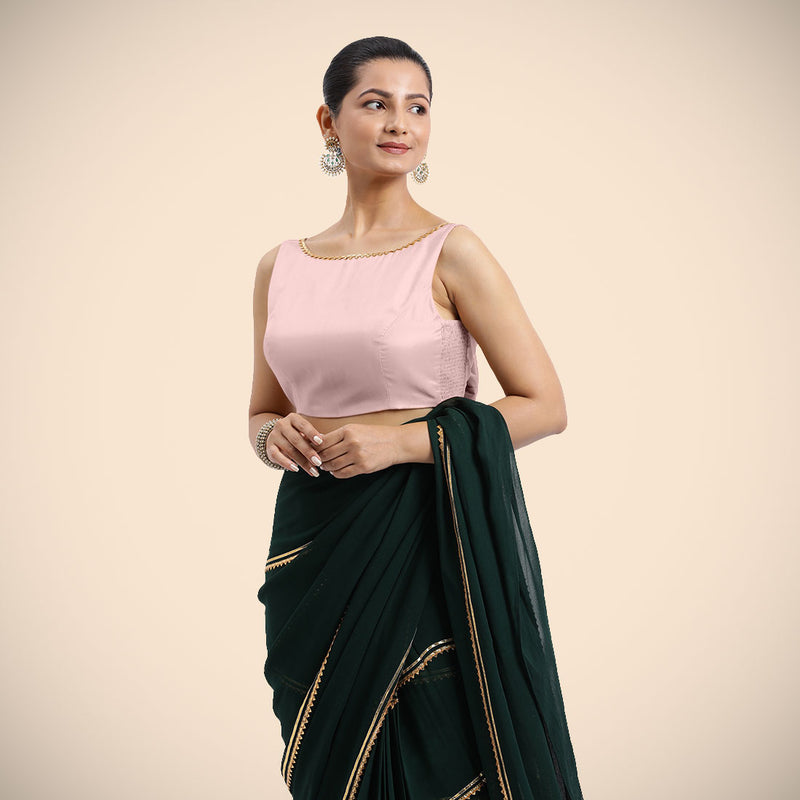 Sherry x Tyohaar | Sleeveless Baby Pink FlexiFit™ Gota Embellished Saree Blouse with Boat Neck-Binks