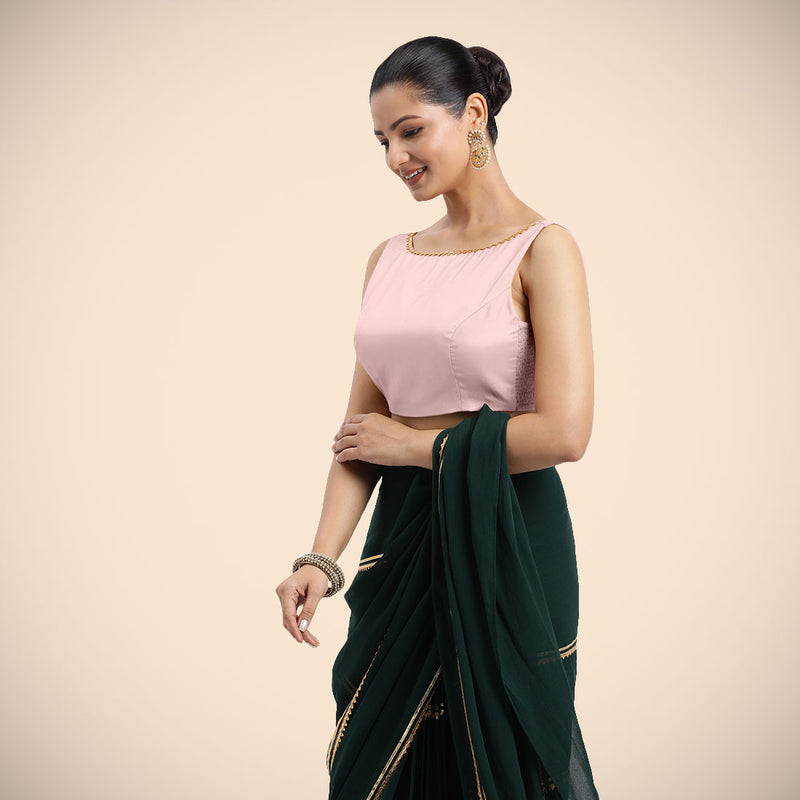 Sherry x Tyohaar | Sleeveless Baby Pink FlexiFit™ Gota Embellished Saree Blouse with Boat Neck-Binks