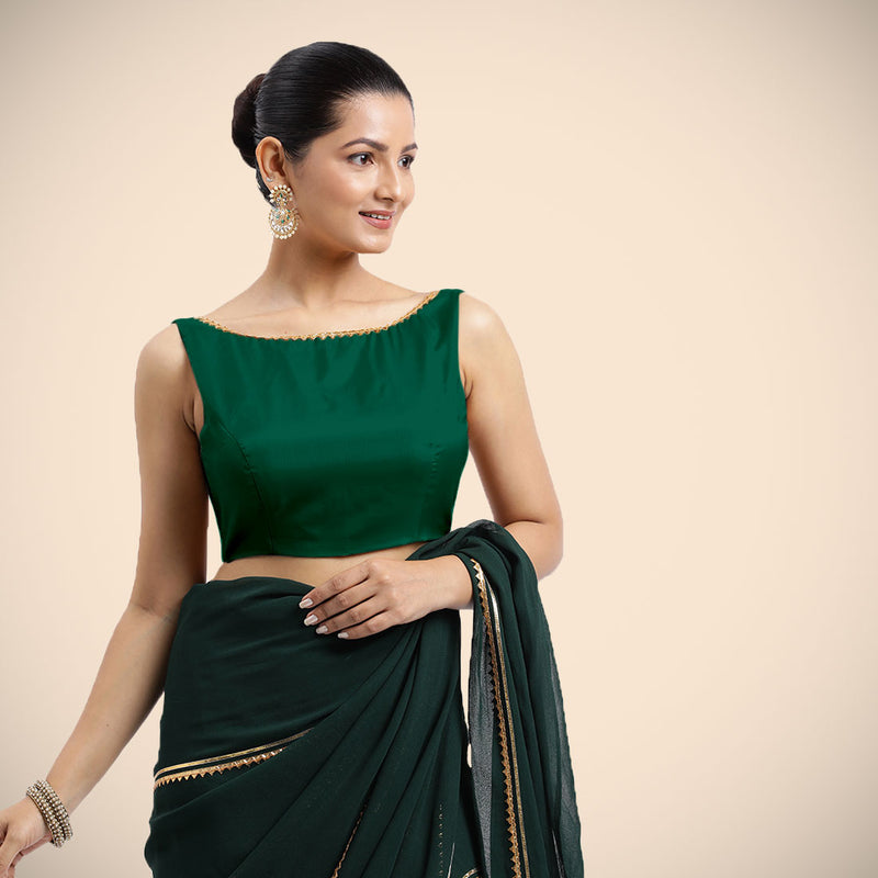 Sherry x Tyohaar | Bottle Green Sleeveless FlexiFit™ Saree Blouse with Simple Golden Gota Lace on Neckline and Removable Bow on Back-Binks
