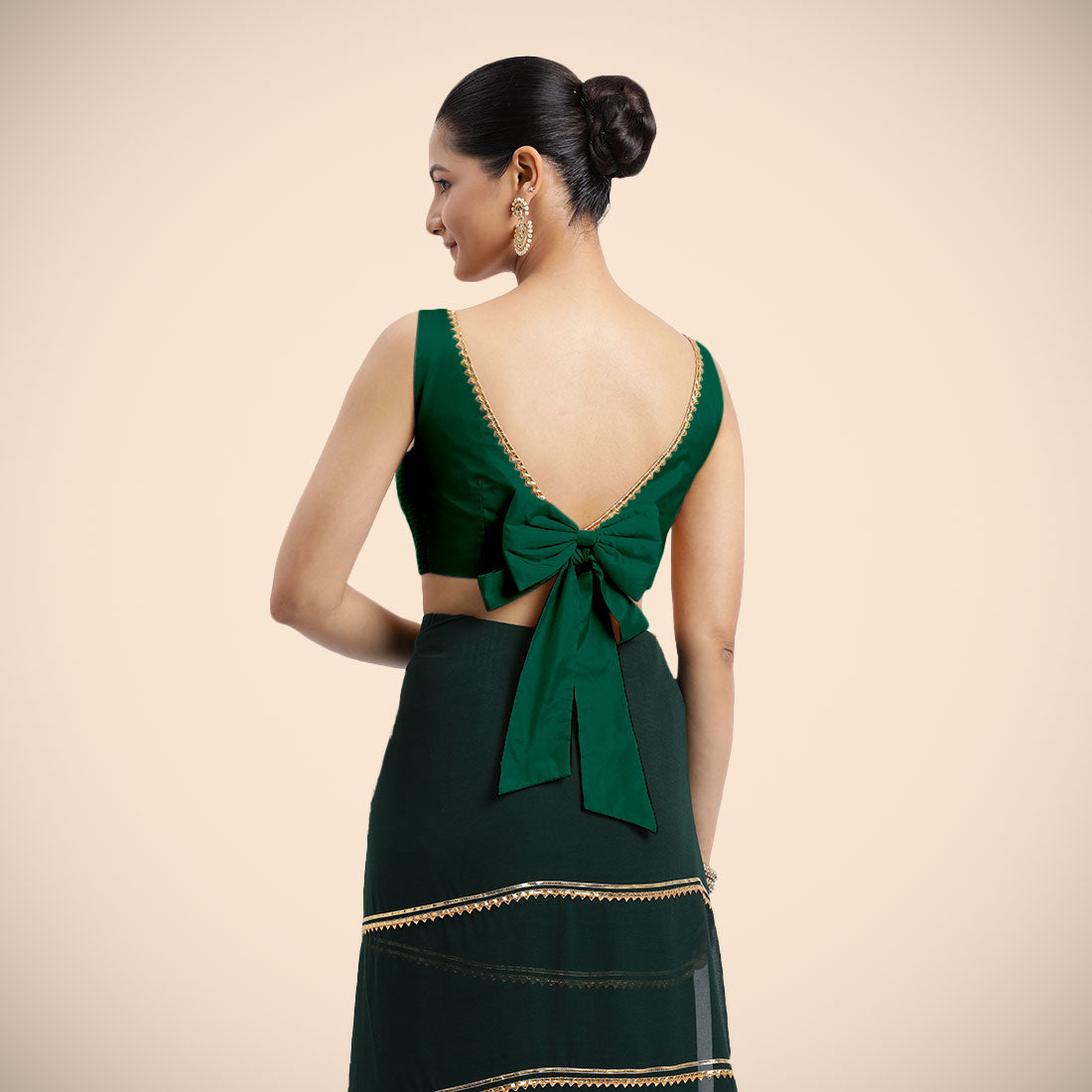 Sherry x Tyohaar Saree Blouse, in Green Vegan Silk, featuring sleeveless and boat neckline, made for party & festive (view 3).