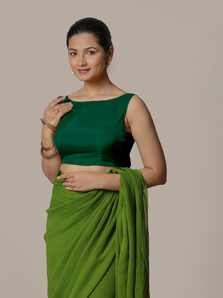 Sherry x Rozaana Saree Blouse, in Green Vegan Silk, featuring sleeveless and boat neckline, made for party & festive (view 4).