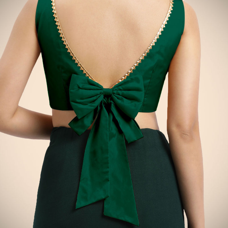 Sherry x Tyohaar | Bottle Green Sleeveless FlexiFit™ Saree Blouse with Simple Golden Gota Lace on Neckline and Removable Bow on Back-Binks