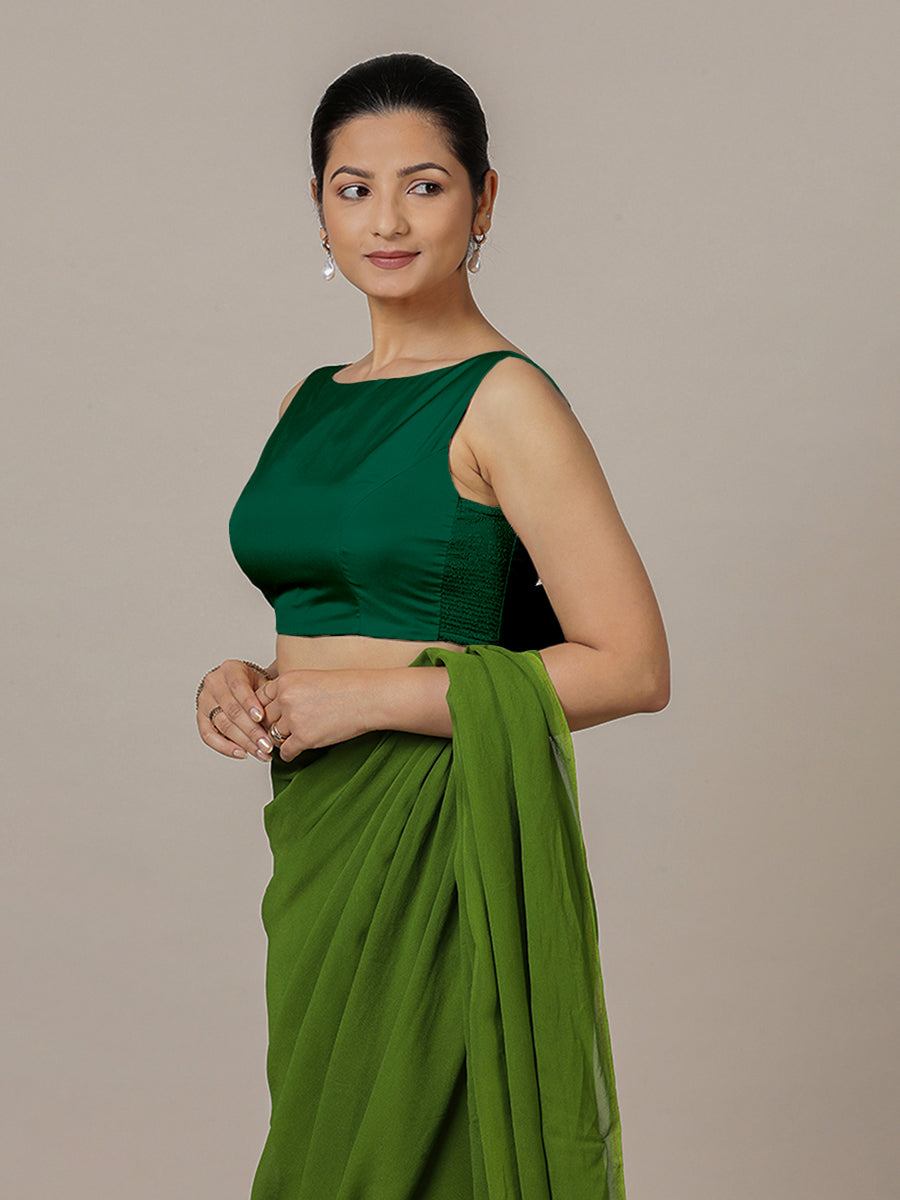 Sherry x Rozaana Saree Blouse, in Green Vegan Silk, featuring sleeveless and boat neckline, made for party & festive (view 6).