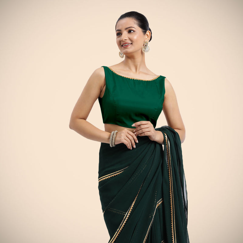 Sherry x Tyohaar | Bottle Green Sleeveless FlexiFit™ Saree Blouse with Simple Golden Gota Lace on Neckline and Removable Bow on Back-Binks