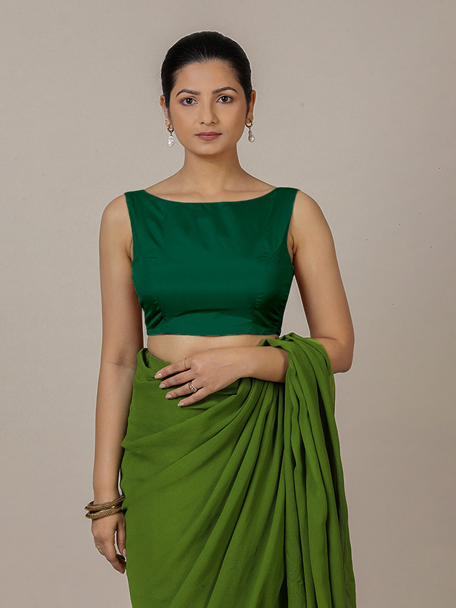 Sherry x Rozaana Saree Blouse, in Green Vegan Silk, featuring sleeveless and boat neckline, made for party & festive (view 8).