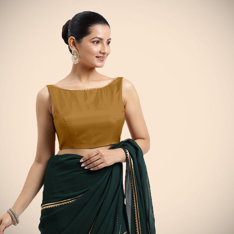 Sherry x Tyohaar | Bronze Gold Sleeveless FlexiFit™ Saree Blouse with Simple Golden Gota Lace on Neckline and Removable Bow on Back-Binks