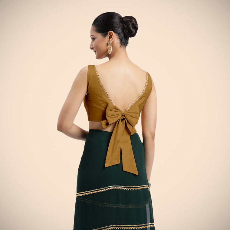 Sherry x Tyohaar Saree Blouse, in Gold Vegan Silk, featuring sleeveless and boat neckline, made for party & festive (view 2).