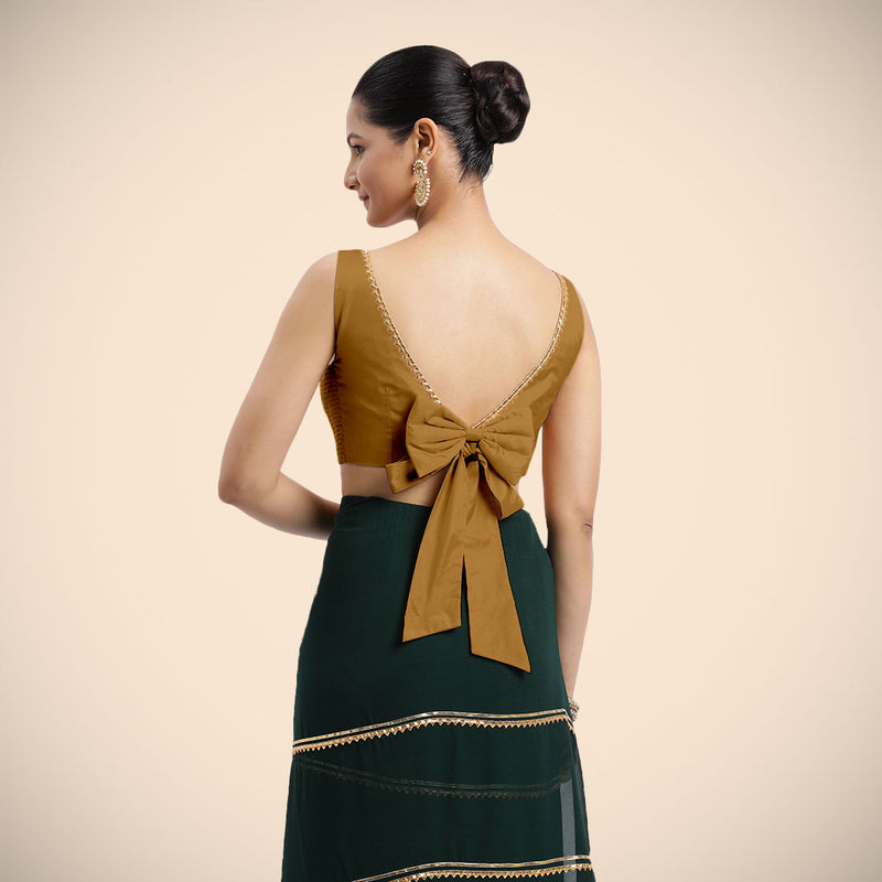 Sherry x Tyohaar | Bronze Gold Sleeveless FlexiFit™ Saree Blouse with Simple Golden Gota Lace on Neckline and Removable Bow on Back-Binks