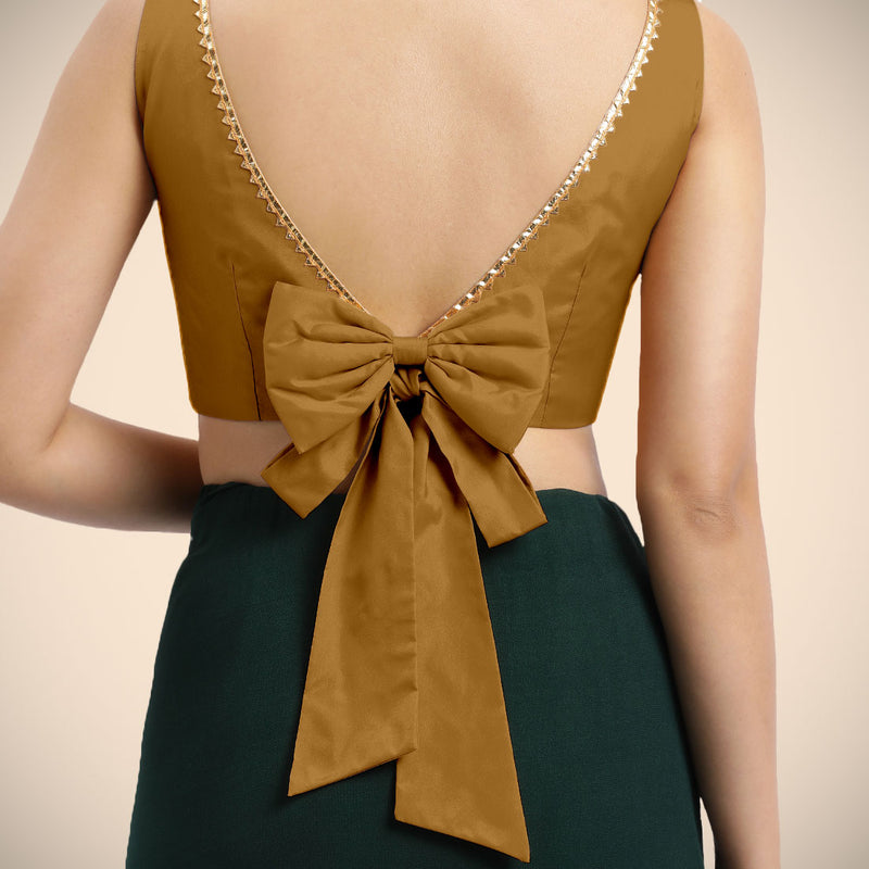 Sherry x Tyohaar | Bronze Gold Sleeveless FlexiFit™ Saree Blouse with Simple Golden Gota Lace on Neckline and Removable Bow on Back-Binks