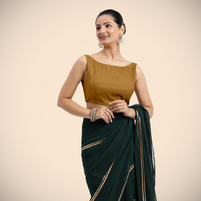 Sherry x Tyohaar | Bronze Gold Sleeveless FlexiFit™ Saree Blouse with Simple Golden Gota Lace on Neckline and Removable Bow on Back-Binks
