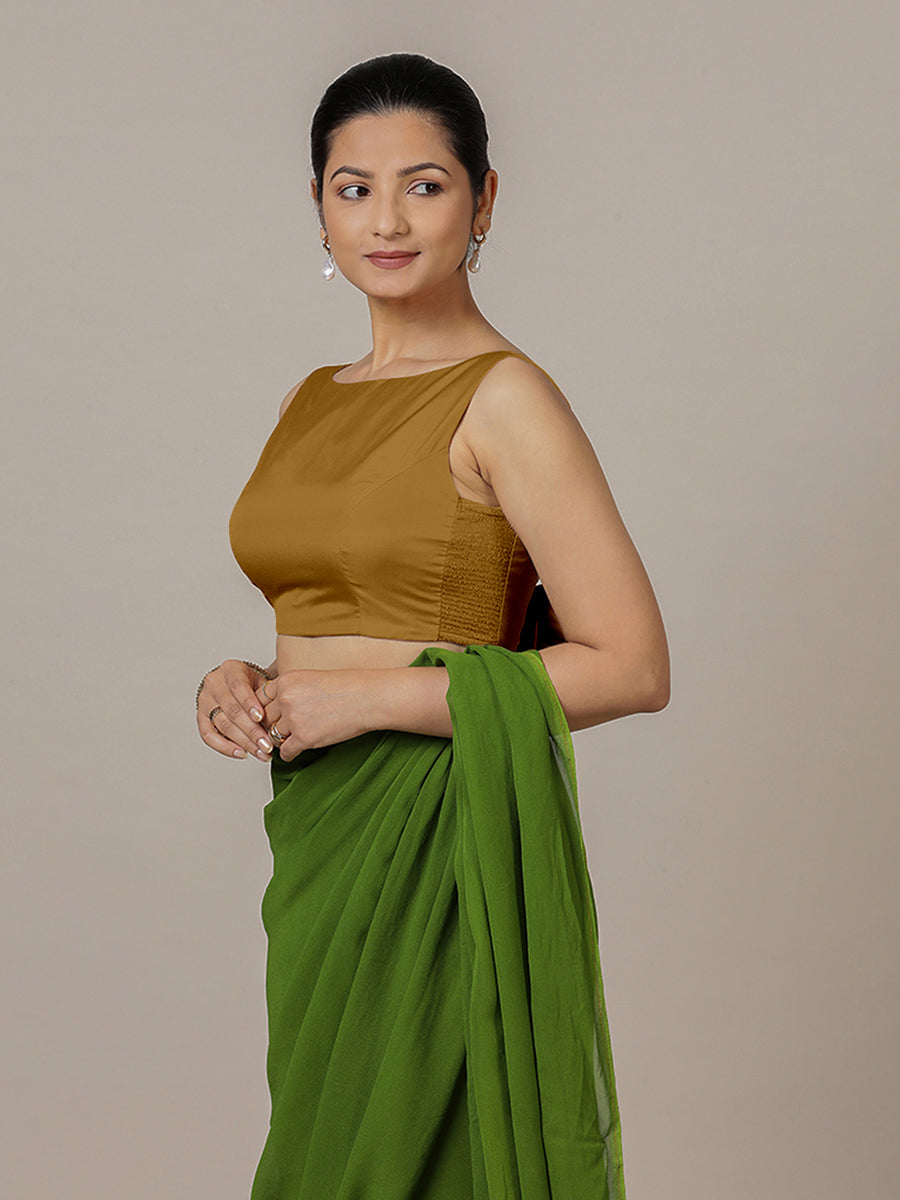 Sherry x Rozaana Saree Blouse, in Gold Vegan Silk, featuring sleeveless and boat neckline, made for party & festive (view 6).
