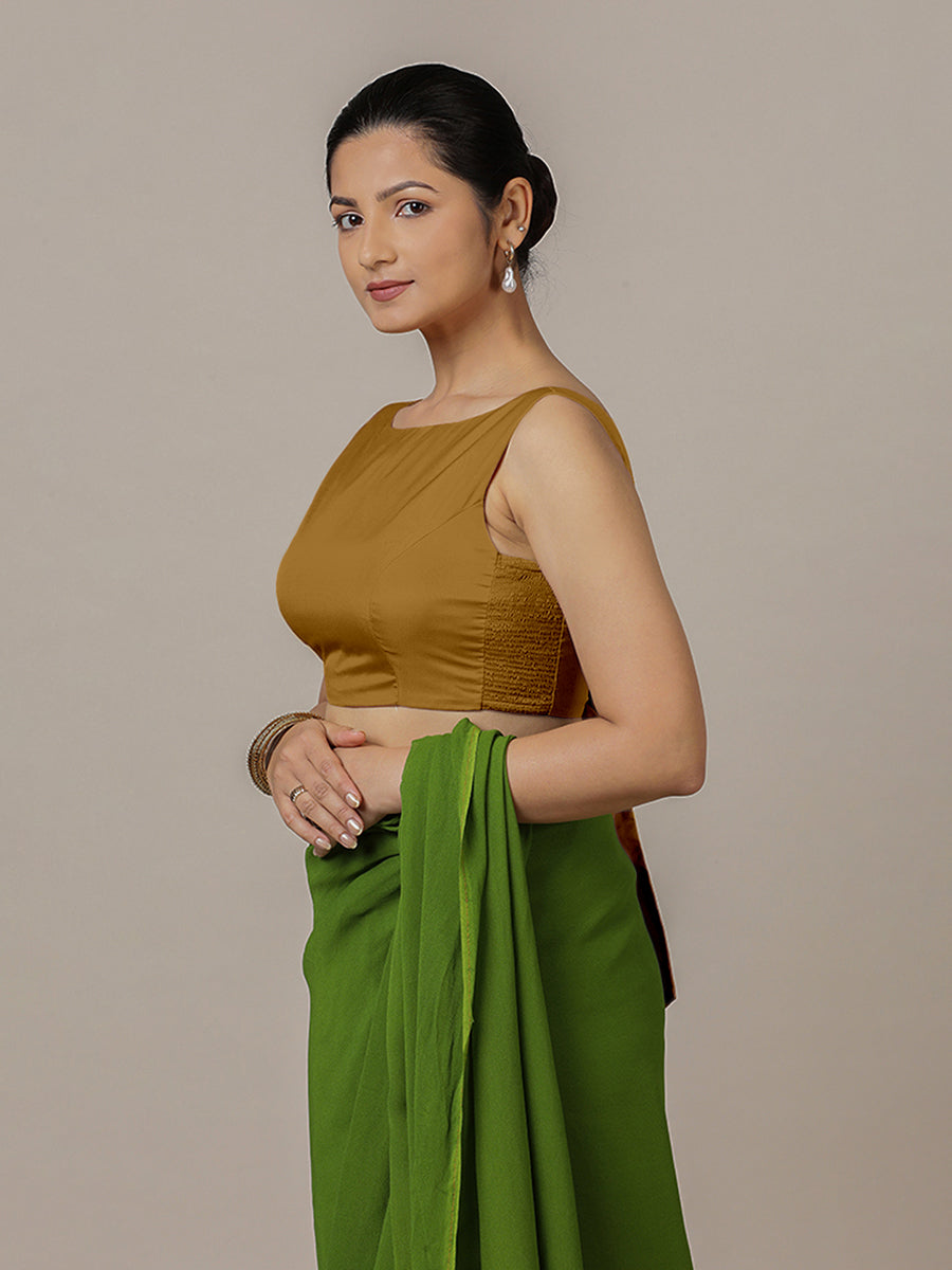 Sherry x Rozaana Saree Blouse, in Gold Vegan Silk, featuring sleeveless and boat neckline, made for party & festive (view 7).