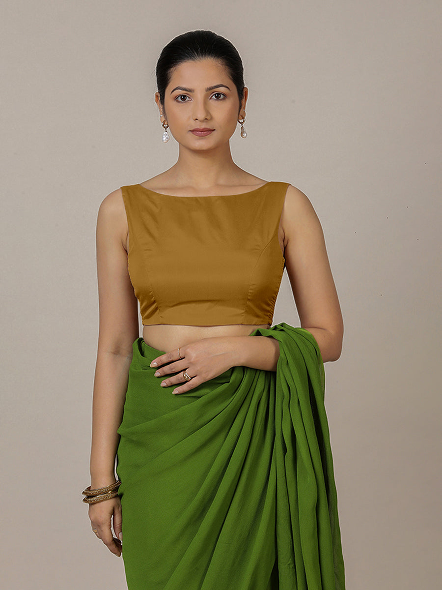 Sherry x Rozaana Saree Blouse, in Gold Vegan Silk, featuring sleeveless and boat neckline, made for party & festive (view 8).