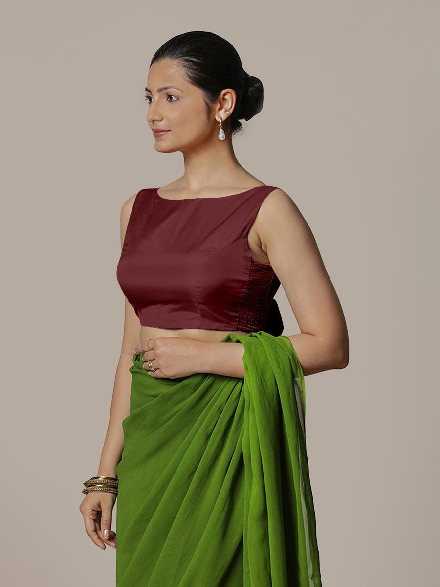 Sherry x Rozaana Saree Blouse, in Maroon Vegan Silk, featuring sleeveless and boat neckline, made for party & festive.