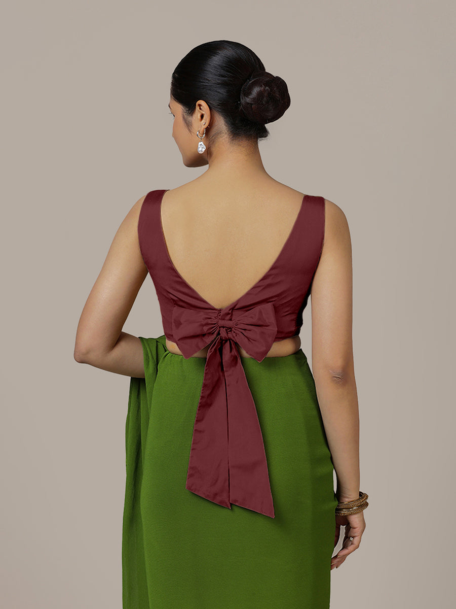 Sherry x Rozaana Saree Blouse, in Maroon Vegan Silk, featuring sleeveless and boat neckline, made for party & festive (view 2).