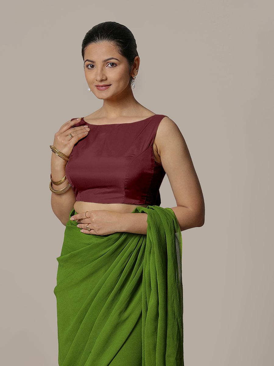 Sherry x Rozaana Saree Blouse, in Maroon Vegan Silk, featuring sleeveless and boat neckline, made for party & festive (view 5).