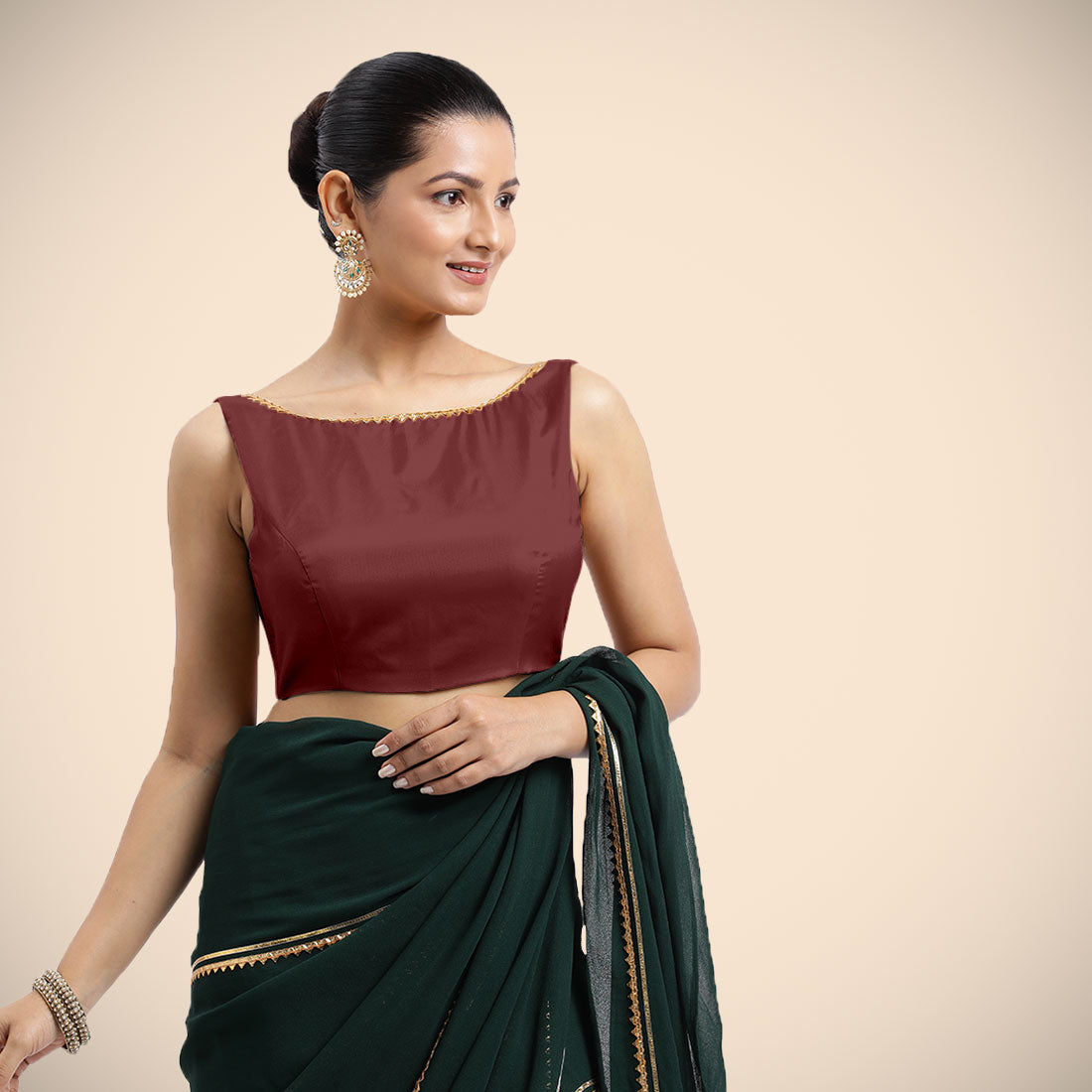 Sherry x Tyohaar Saree Blouse, in Maroon Vegan Silk, featuring sleeveless and boat neckline, made for party & festive (view 6).