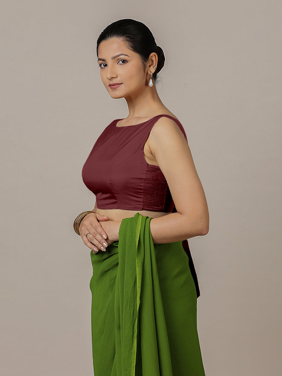 Sherry x Rozaana Saree Blouse, in Maroon Vegan Silk, featuring sleeveless and boat neckline, made for party & festive (view 7).