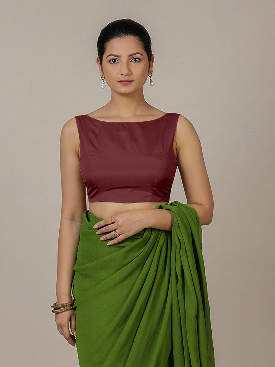Sherry x Rozaana Saree Blouse, in Maroon Vegan Silk, featuring sleeveless and boat neckline, made for party & festive (view 8).