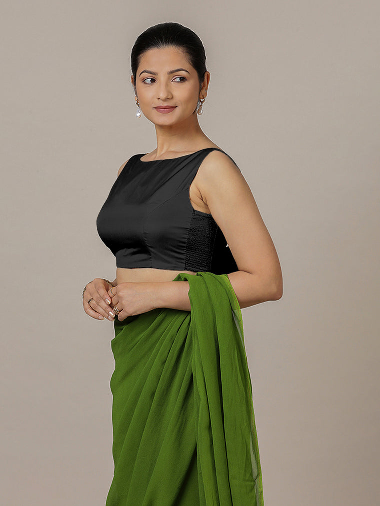 Sherry x Rozaana Saree Blouse, in Black Vegan Silk, featuring sleeveless and boat neckline, made for party & festive.