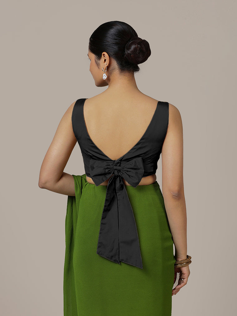 Sherry x Rozaana Saree Blouse, in Black Vegan Silk, featuring sleeveless and boat neckline, made for party & festive (view 2).