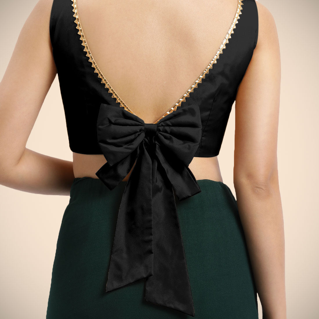 Sherry x Tyohaar Saree Blouse, in Black Vegan Silk, featuring sleeveless and boat neckline, made for party & festive (view 2).