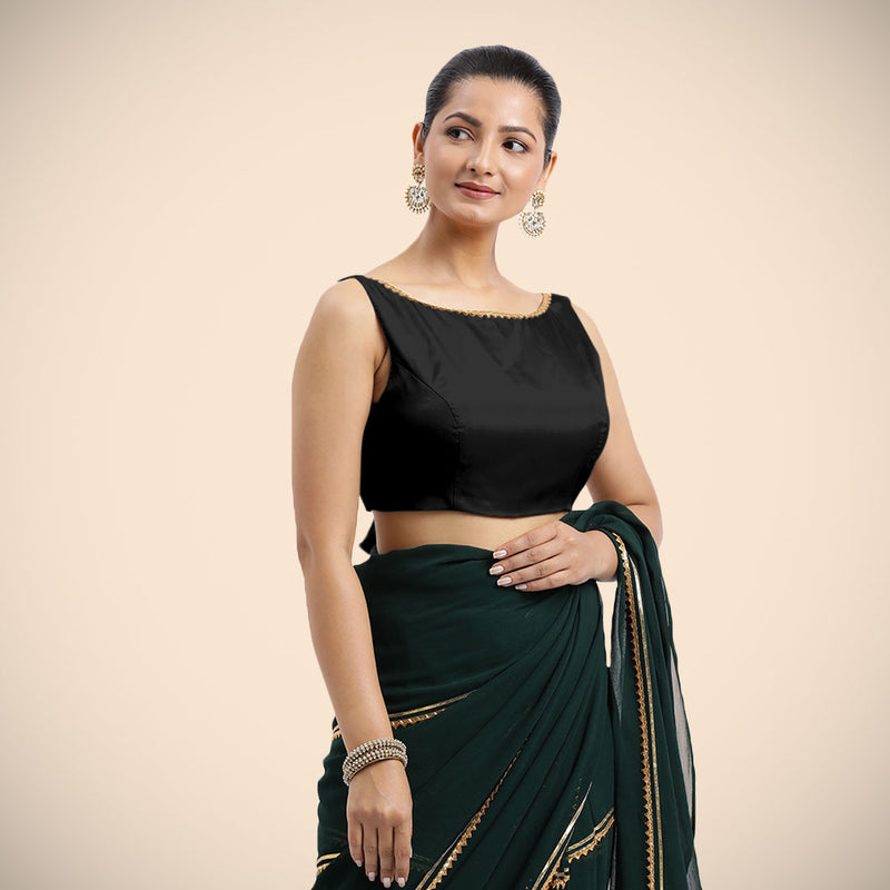 Sherry x Tyohaar | Charcoal Black Sleeveless FlexiFit™ Saree Blouse with Simple Golden Gota Lace on Neckline and Removable Bow on Back-Binks