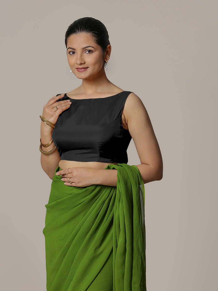 Sherry x Rozaana Saree Blouse, in Black Vegan Silk, featuring sleeveless and boat neckline, made for party & festive (view 5).