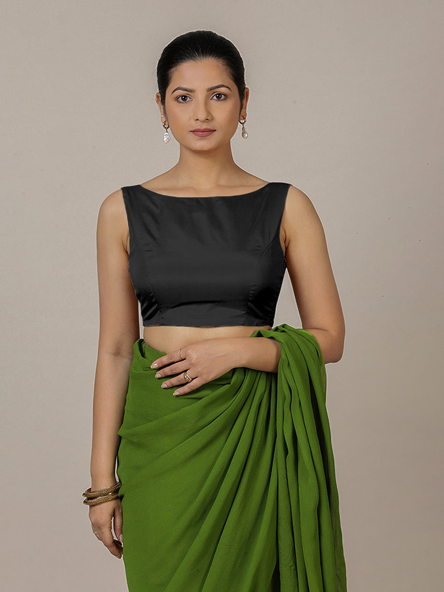 Sherry x Rozaana Saree Blouse, in Black Vegan Silk, featuring sleeveless and boat neckline, made for party & festive (view 8).