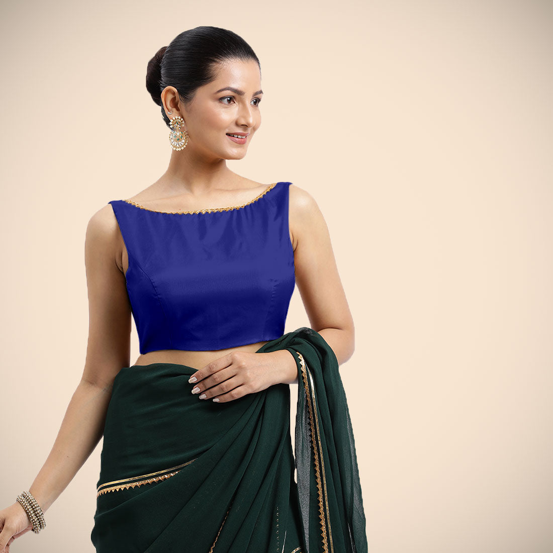 Sherry x Tyohaar Saree Blouse, in Blue Vegan Silk, featuring sleeveless and boat neckline, made for party & festive.