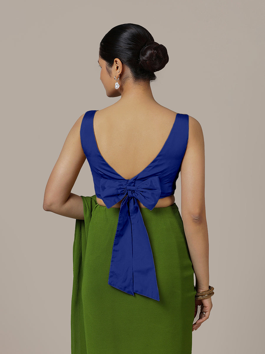 Sherry x Rozaana Saree Blouse, in Blue Vegan Silk, featuring sleeveless and boat neckline, made for party & festive (view 2).