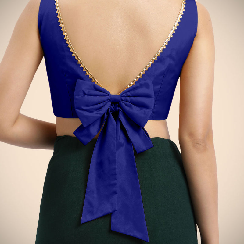 Sherry x Tyohaar | Cobalt Blue Sleeveless FlexiFit™ Saree Blouse with Simple Golden Gota Lace on Neckline and Removable Bow on Back-Binks
