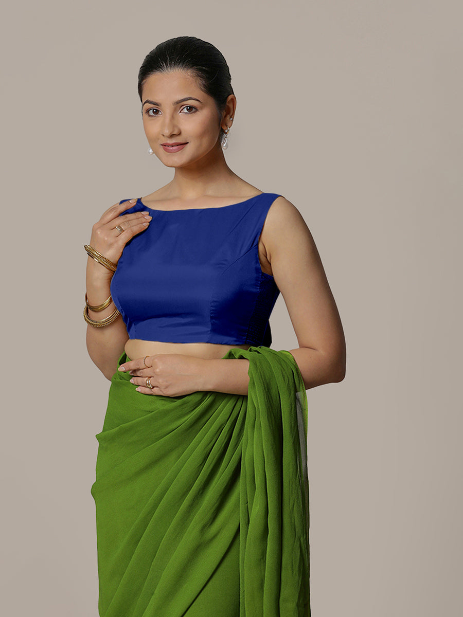 Sherry x Rozaana Saree Blouse, in Blue Vegan Silk, featuring sleeveless and boat neckline, made for party & festive (view 5).