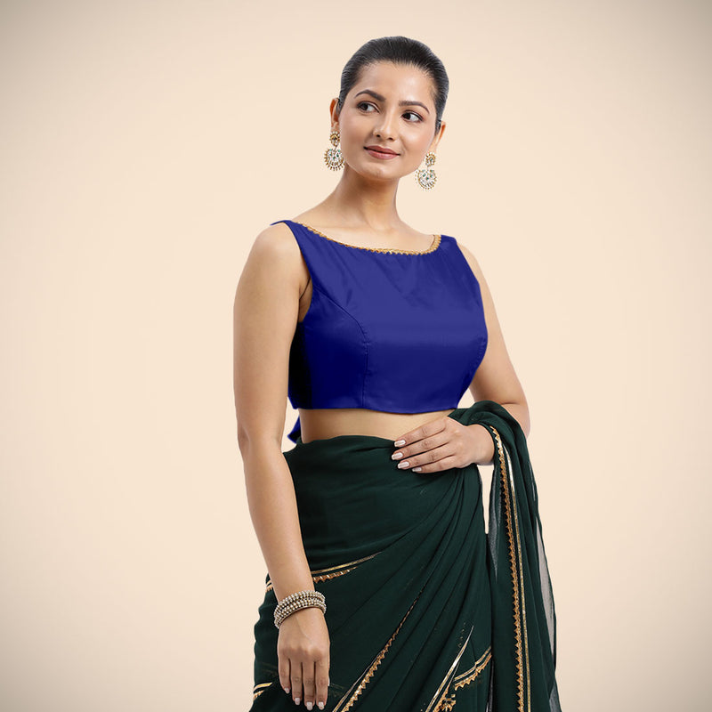 Sherry x Tyohaar | Cobalt Blue Sleeveless FlexiFit™ Saree Blouse with Simple Golden Gota Lace on Neckline and Removable Bow on Back-Binks