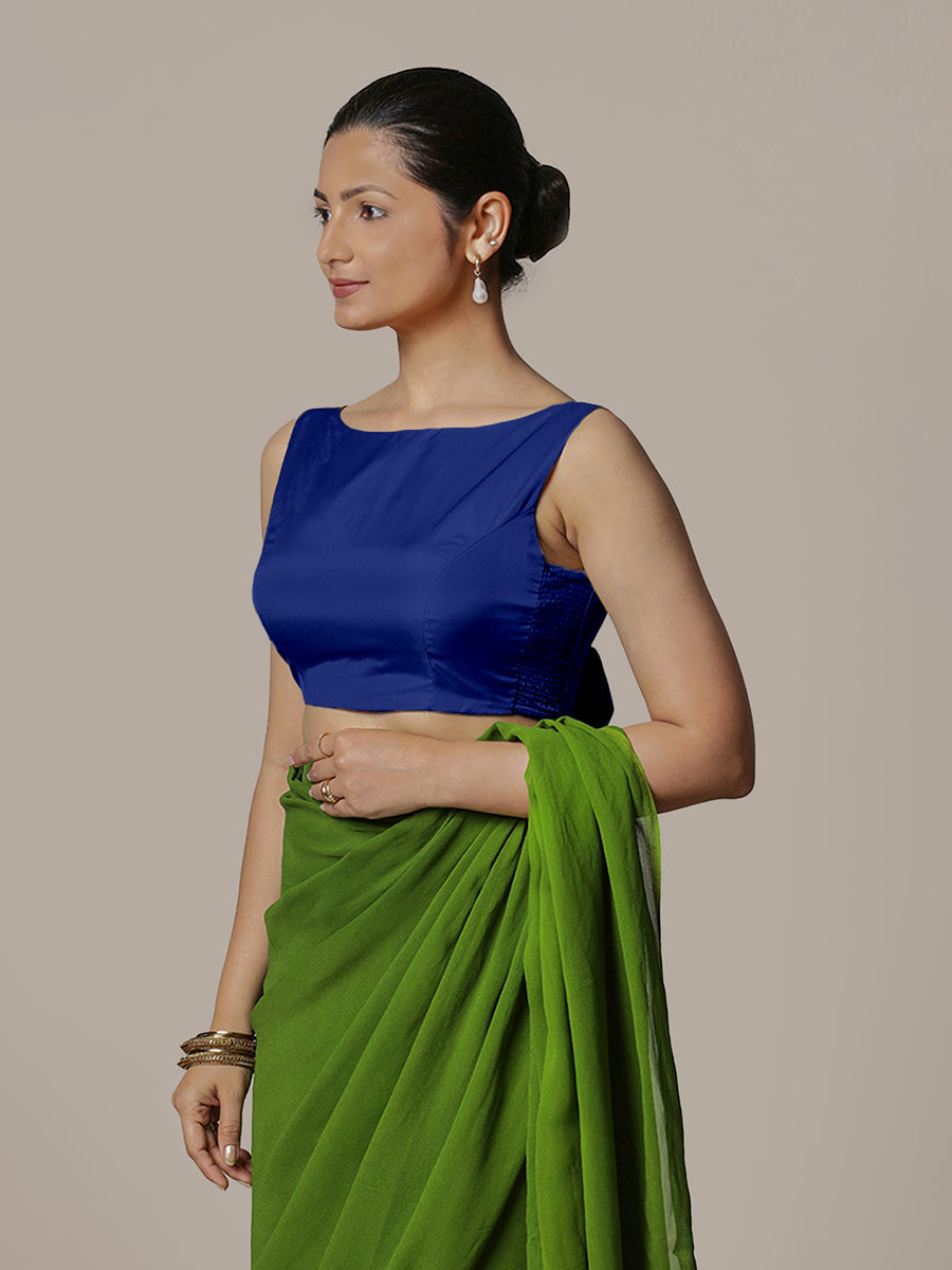 Sherry x Rozaana Saree Blouse, in Blue Vegan Silk, featuring sleeveless and boat neckline, made for party & festive (view 6).