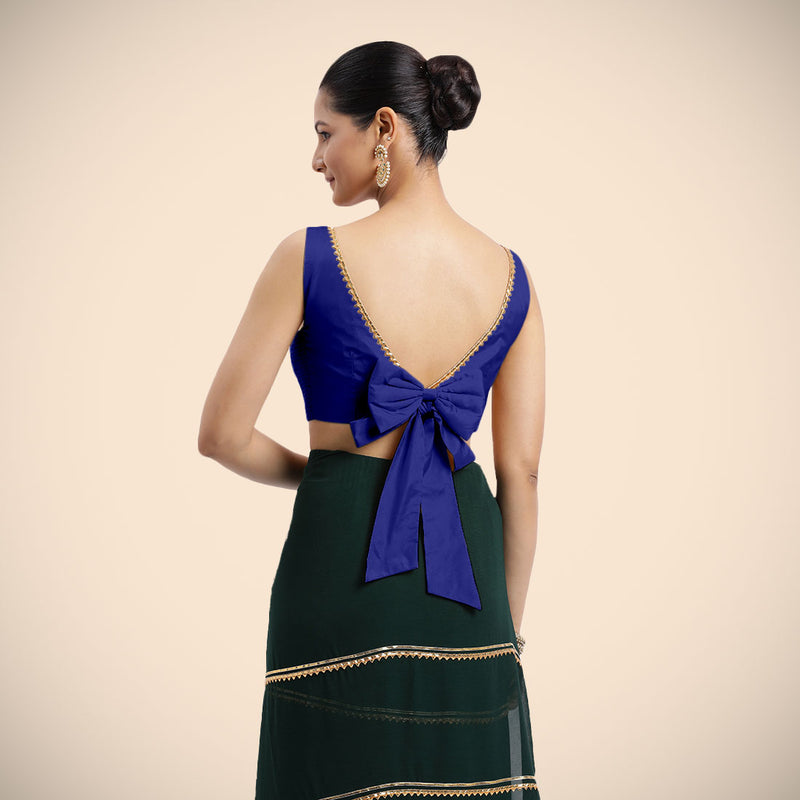 Sherry x Tyohaar | Cobalt Blue Sleeveless FlexiFit™ Saree Blouse with Simple Golden Gota Lace on Neckline and Removable Bow on Back-Binks