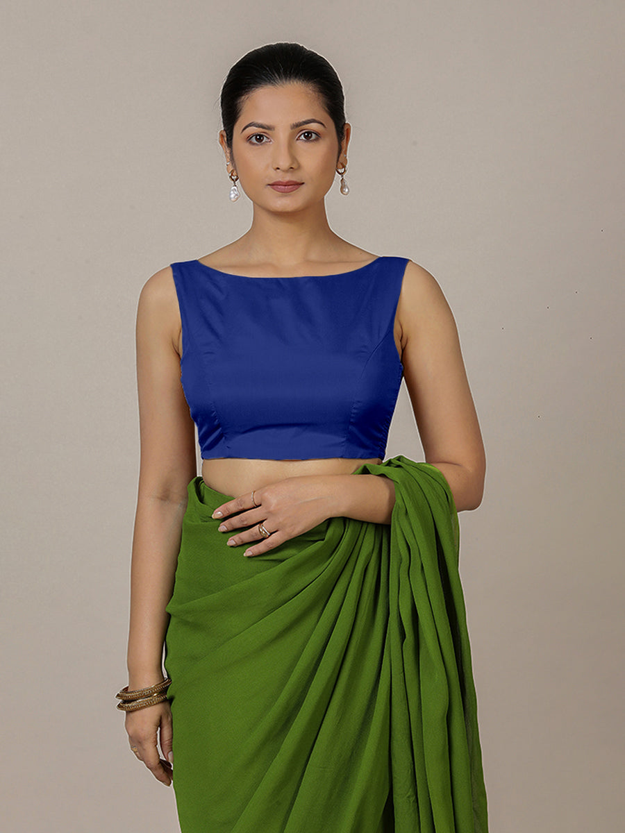Sherry x Rozaana Saree Blouse, in Blue Vegan Silk, featuring sleeveless and boat neckline, made for party & festive (view 8).