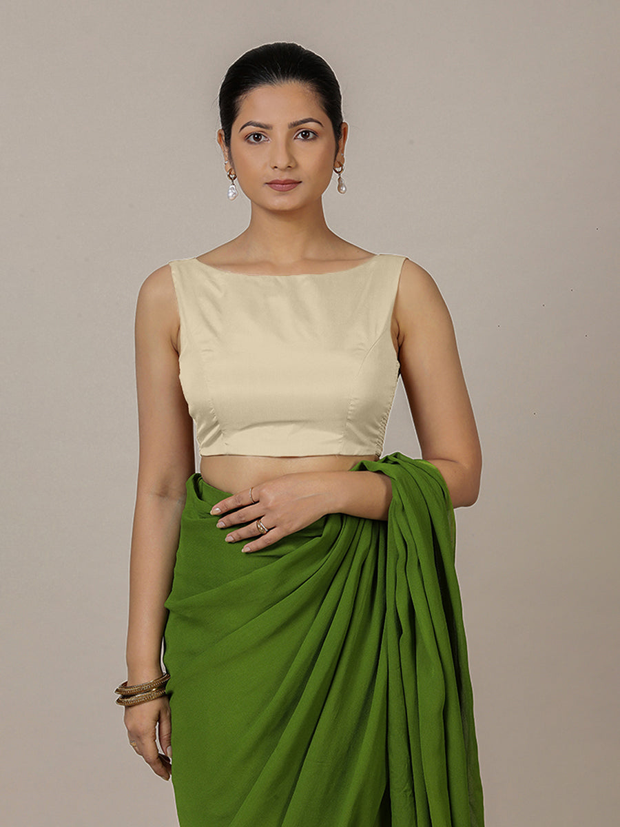 Sherry x Rozaana Saree Blouse, in Cream Vegan Silk, featuring sleeveless and boat neckline, made for party & festive.