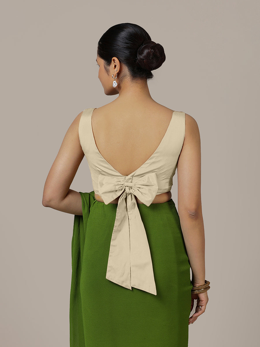 Sherry x Rozaana Saree Blouse, in Cream Vegan Silk, featuring sleeveless and boat neckline, made for party & festive (view 2).